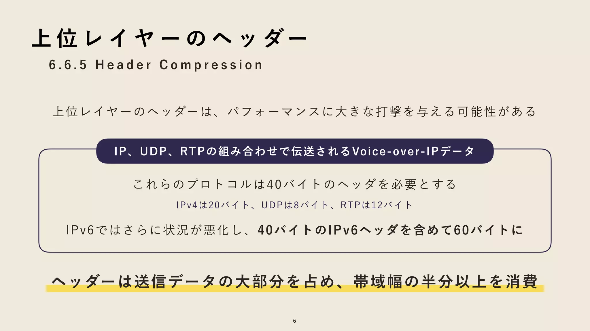 6
6 . 6 . 5 H e a d e r C o m p r e s s i o n
上 位 レ イ ヤ ー の ヘ ッ ダー
上位レイヤーのヘッダーは、パフォーマンスに大きな打撃を与える可能性がある
IP、UDP、RTPの組み合わせで伝送されるVoice-over-IPデータ
これらのプロトコルは40バイトのヘッダを必要とする
IPv4は20バイト、UDPは8バイト、RTPは12バイト
IPv6ではさらに状況が悪化し、40バイトのIPv6ヘッダを含めて60バイトに
ヘッダーは送信データの大部分を占め、帯域幅の半分以上を消費
 