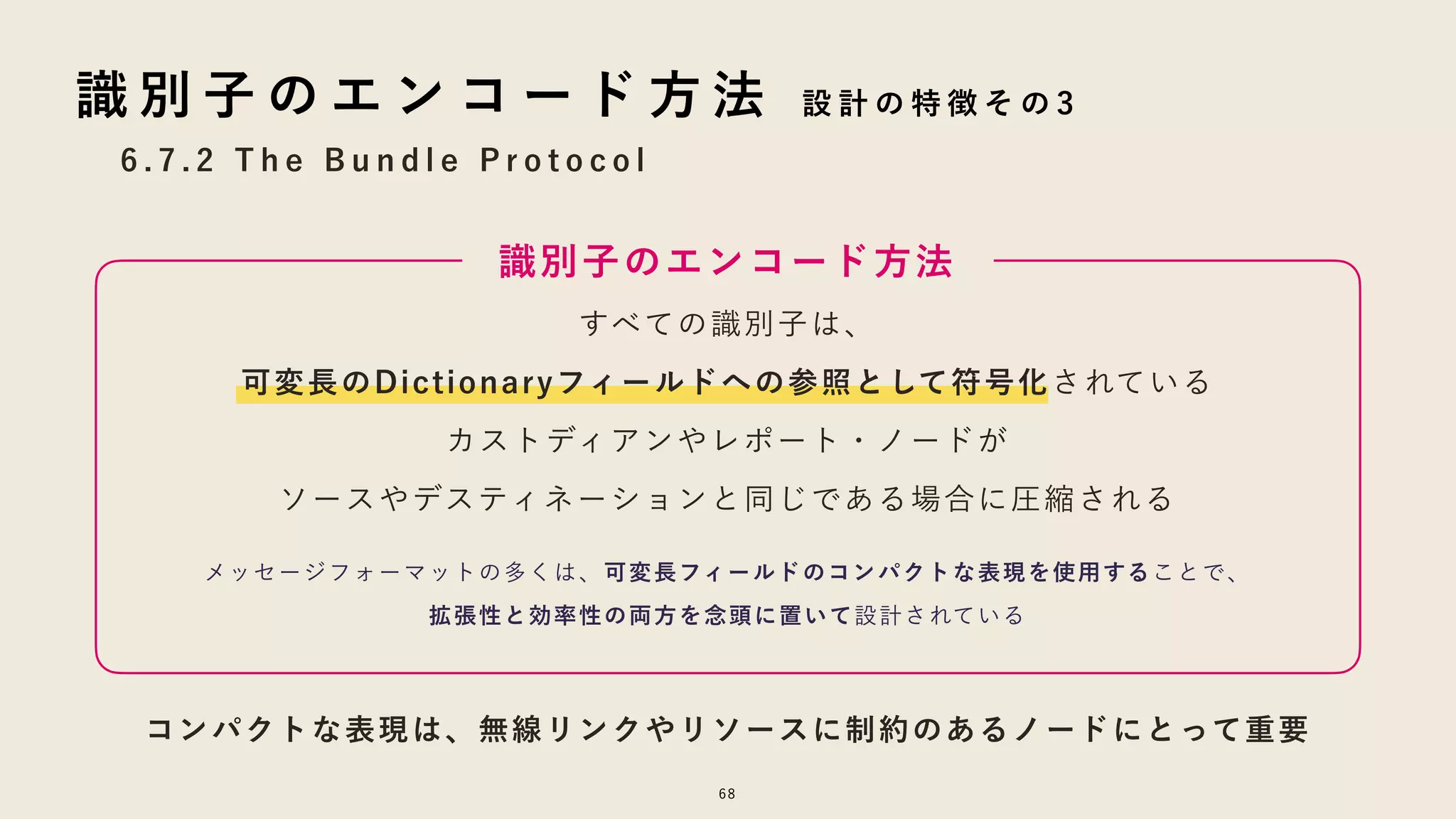 すべての識別子は、
可変長のDictionaryフィールドへの参照として符号化されている
カストディアンやレポート・ノードが
ソースやデスティネーションと同じである場合に圧縮される
6 . 7 . 2 T h e B u n d l e P r o t o c o l
68
識 別 子 の エ ン コ ー ド 方 法 設 計 の 特 徴 そ の 3
識別子のエンコード方法
メッセージフォーマットの多くは、可変長フィールドのコンパクトな表現を使用することで、
拡張性と効率性の両方を念頭に置いて設計されている
コンパクトな表現は、無線リンクやリソースに制約のあるノードにとって重要
 