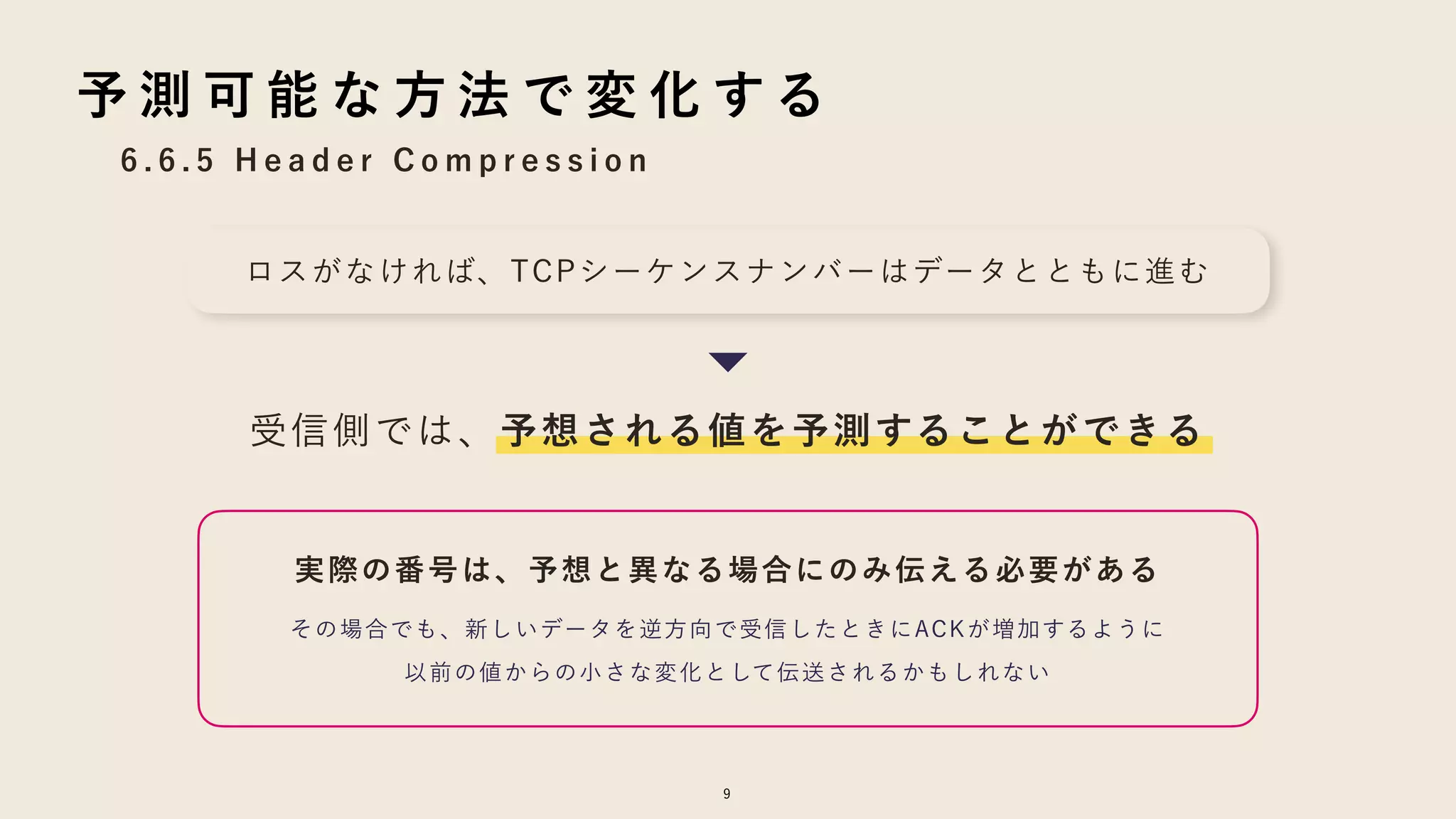 9
6 . 6 . 5 H e a d e r C o m p r e s s i o n
予 測 可 能 な 方 法 で 変 化 す る
ロスがなければ、TCPシーケンスナンバーはデータとともに進む
受信側では、予想される値を予測することができる
実際の番号は、予想と異なる場合にのみ伝える必要がある
その場合でも、新しいデータを逆方向で受信したときにACKが増加するように
以前の値からの小さな変化として伝送されるかもしれない
 