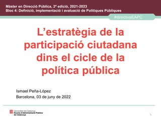 L’estratègia de la
participació ciutadana
dins el cicle de la
política pública
Ismael Peña-López
Barcelona, 03 de juny de 2022
1
#directivaEAPC
Màster en Direcció Pública, 2ª edició, 2021-2023
Bloc 4: Definició, implementació i avaluació de Polítiques Públiques
 