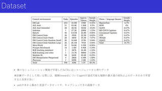 Dataset
• 様々なシュミレーション環境で学習したSoTAに近いエージェントから得たデータ
※訓練データとして用いる際には、報酬(reward)についてagentが達成可能な報酬の最大値の80%以上のデータのみで学習
すると効率が良い
• webや本から集めた言語データセットや、キャプション付きの画像データ
 