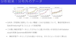 分析結果：分布外のデータ
• 分布外（学習時に使用していない環境）における性能について、事前学習済みの
Gatoをfinetuningすることによって性能評価
• この際に事前学習データとしてどのように選ぶのが良いかを知るためのablation
studyを実施 (parameter数364Mで実験)
⇒ 事前学習データとしてどれを選ぶべきかは、タスクによって大きく異なる
 
