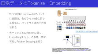 画像データのTokenize・Embedding
• ViTと同様にraster orderでパッチ
に分割後、各ピクセルを[-1,1]で
正規化し、パッチサイズの平方根
で割る
• 各パッチごとにResNetに通し、
Embdddingを行う。この際、学習
可能なPosition Encodingも行う
2010.11929.pdf (arxiv.org)
 
