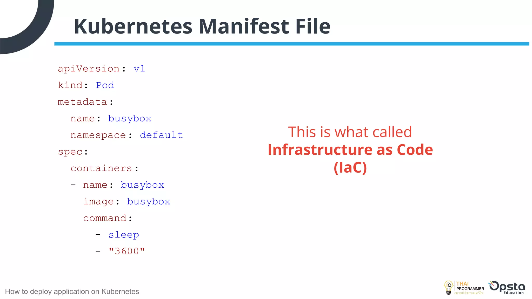 How to deploy application on Kubernetes
Kubernetes Manifest File
apiVersion: v1
kind: Pod
metadata:
name: busybox
namespace: default
spec:
containers:
- name: busybox
image: busybox
command:
- sleep
- "3600"
This is what called
Infrastructure as Code
(IaC)
 