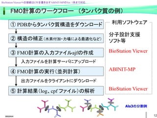 2022/6/4 12
① PDBからタンパク質構造をダウンロード
② 構造の補正（水素付加・力場による最適化など）
③ FMO計算の入力ファイルajfの作成 BioStation Viewer
分子設計支援
ソフト等
④ FMO計算の実行（並列計算） ABINIT-MP
⑤ 計算結果（log、cpf ファイル）の解析 BioStation Viewer
入力ファイルを計算サーバにアップロード
出力ファイルをクライアントにダウンロード
利用ソフトウェア
FMO計算のワークフロー （タンパク質の例）
Ala3の分割例
BioStation Viewerへの接続はCPFを書き出すABINIT-MPのVer. 1系まで対応.
 