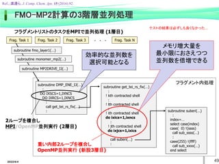 2022/6/4
FMO-MP2計算の3階層並列処理
フラグメントリストのタスクをMPIで並列処理 (1層目)
subroutine DMP_ENE_IJ(…)
:
DO IXSCS=1,IXNCS
DO IXRCS=1,IXNCS
:
call get_tei_rs_fix(…)
:
subroutine get_tei_rs_fix(…)
:
! kth contracted shell
:
! lth contracted shell
:
! ith contracted shell
do ixics=1,ixncs
:
! jth contracted shell
do ixjcs=1,ixics
:
call suberi(…)
:
subroutine suberi(…)
:
index=…
select case(index)
case( 0) !(ssss)
call sub_ssss(…)
:
caee(255) !(ffff)
call sub_xxxx(…)
end select
2ループを複合し
MPI/OpenMP並列実行 (2層目)
重い内部2ループを複合し
OpenMP並列実行 (新設3層目)
フラグメント内処理
subroutine fmo_layer1(…)
subroutine monomer_mp2(…)
subroutine MP2DRIVE_IJ(…)
Frag. Task 1 Frag. Task 2 Frag. Task 3 Frag. Task N
・ ・ ・
効率的な並列数を
選択可能となる
メモリ増大量を
最小限におさえつつ
並列数を倍増できる
Ref.; 渡邊ら, J. Comp. Chem. Jpn. 15 (2016) 92.
テストの結果は必ずしも良くなかった…
49
 