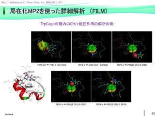 2022/6/4 60
局在化MP2を使った詳細解析 （FILM）
Ref.; T. Ishikawa et al., Theor. Chem. Acc. 118 (2007) 937.
TRP6 π ⇔ PRO12 CH (-0.1788)
TRP6 CH ⇔ TYR3 π (-0.1513) TRP6 π ⇔ GLY11 CH (-0.4903)
TRP6 π ⇔ PRO18 CH (-0.4209) TRP6 π ⇔ PRO18 CH (-0.3839)
TrpCageの籠内のCH/p相互作用の解析の例
 