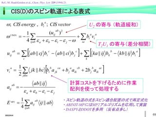 2022/6/4 69

 






ia
a
i
a
i
ijab j
i
b
a
ab
ij
v
b
u






2
)
(
4
1
CIS(D)
 
 


jkbc
ac
ik
b
j
cb
ik
a
j
ca
jk
b
i
a
i a
b
a
b
a
b
bc
jk
v 2
||
2
1
　


ijab
ab
ij ab
ij
a
E ||
4
1
MP2
vector
CIS
b
energy
CIS
a
i ;
,
;

j
i
b
a
ab
ij
ij
ab
a



 




||
   

 



k
a
i
b
k
c
c
j
c
i
ab
ij b
ij
kb
b
ij
ka
b
ci
ab
b
cj
ab
u ||
||
||
|| 　
　
・ スピン軌道の式をスピン適合配置の式で再定式化
・ ABINIT-MPにはMP2アルゴリズムを応用して実装
・ DAXPYとDDOTを多用 （反省点多し）
U2 の寄与 （軌道緩和）
T2U1 の寄与（差分相関）
計算コストを下げるために作業
配列を使って処理する
CIS(D)のスピン軌道による表式
Ref.; M. Head-Gordon et al., Chem. Phys. Lett. 219 (1994) 21.
 