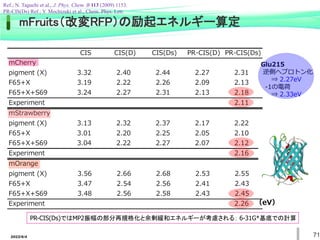 2022/6/4 71
（eV）
Glu215
逆側へプロトン化
⇒ 2.27eV
-1の電荷
⇒ 2.33eV
PR-CIS(Ds)ではMP2振幅の部分再規格化と余剰緩和エネルギーが考慮される： 6-31G*基底での計算
mFruits（改変RFP）の励起エネルギー算定
Ref.; N. Taguchi et al., J. Phys. Chem. B 113 (2009) 1153.
PR-CIS(Ds) Ref.; Y. Mochizuki et al., Chem. Phys. Lett.
 