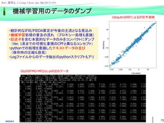 2022/6/4
機械学習用のデータのダンプ
75
・統計的なIFIE/PIEDA算定が今後の主流となる見込み
・機械学習処理の普及の流れ （プロキシー処理も意識）
・記述子を含む本質的なデータのみをコンパクトにダンプ
（Ver. 1系までの可視化重視のCPFと異なるコンセプト）
・pythonでの処理を意識したテキストデータの並び
（保存時の圧縮も容易）
・Logファイルからのデータ抽出のpythonスクリプトもアリ
UbiqutinのRFによるIFIE予測例
Gly5のFMO-MP2/cc-pVDZのデータ
Ref.; 望月ら, J. Comp. Chem. Jpn. 16 (2017) 119.
 