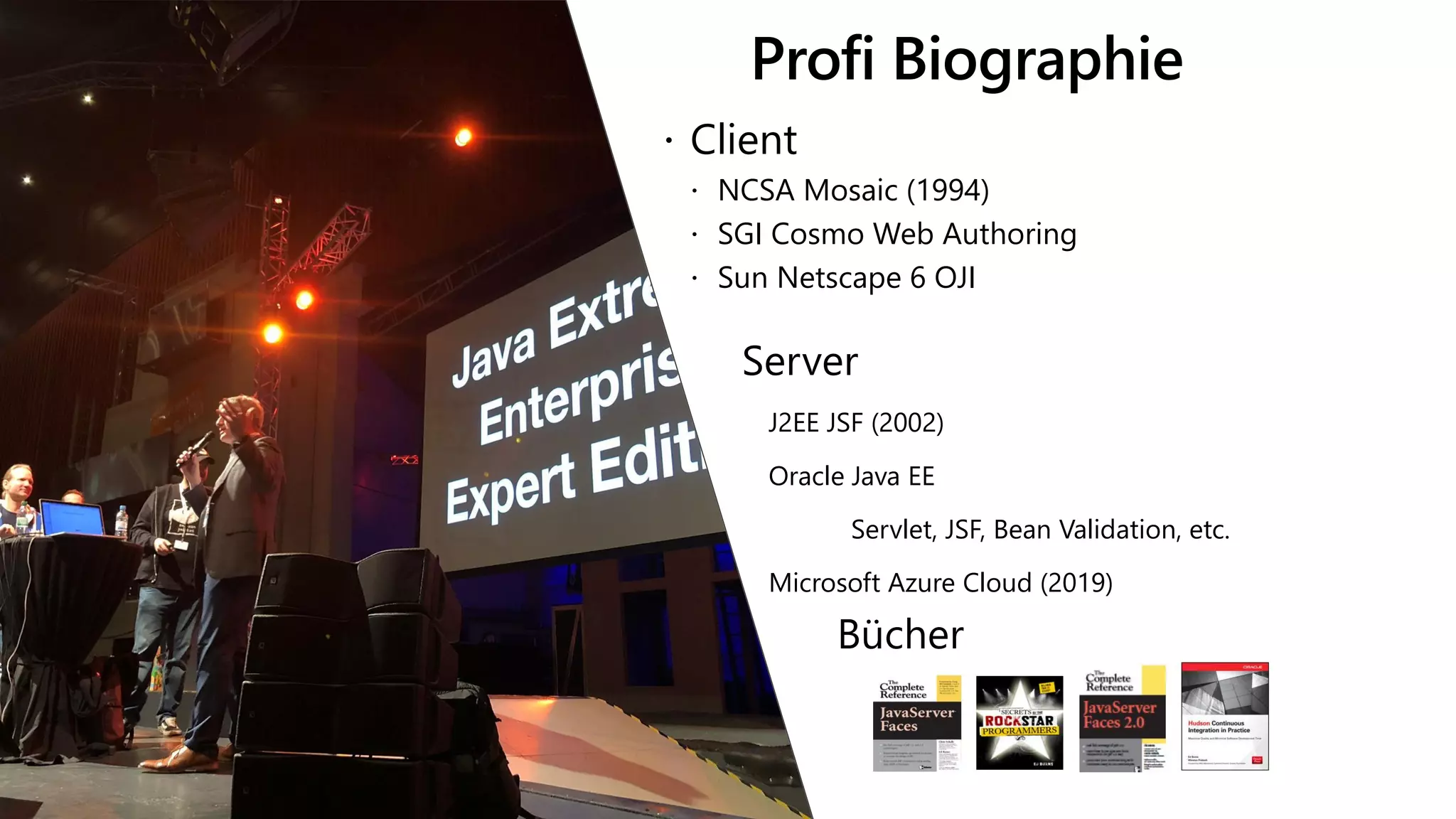 Profi Biographie
 Client
 NCSA Mosaic (1994)
 SGI Cosmo Web Authoring
 Sun Netscape 6 OJI
Server
J2EE JSF (2002)
Oracle Java EE
Servlet, JSF, Bean Validation, etc.
Microsoft Azure Cloud (2019)
Bücher
 