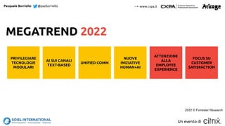 Pasquale Borriello @pazborriello → www.cxpa.it
Un evento di
MEGATREND 2022
PRIVILEGIARE
TECNOLOGIE
MODULARI
AI SUI CANALI
...