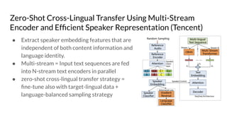 Zero-Shot Cross-Lingual Transfer Using Multi-Stream
Encoder and Efﬁcient Speaker Representation (Tencent)
● Extract speake...