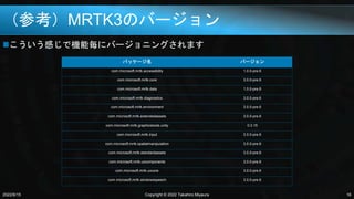 （参考）MRTK3のバージョン
2022/6/15 Copyright © 2022 Takahiro Miyaura 16
こういう感じで機能毎にバージョニングされます
パッケージ名 バージョン
com.microsoft.mrtk.accessibility 1.0.0-pre.6
com.microsoft.mrtk.core 3.0.0-pre.6
com.microsoft.mrtk.data 1.0.0-pre.6
com.microsoft.mrtk.diagnostics 3.0.0-pre.6
com.microsoft.mrtk.environment 3.0.0-pre.6
com.microsoft.mrtk.extendedassets 3.0.0-pre.6
com.microsoft.mrtk.graphicstools.unity 0.3.15
com.microsoft.mrtk.input 3.0.0-pre.6
com.microsoft.mrtk.spatialmanipulation 3.0.0-pre.6
com.microsoft.mrtk.standardassets 3.0.0-pre.6
com.microsoft.mrtk.uxcomponents 3.0.0-pre.6
com.microsoft.mrtk.uxcore 3.0.0-pre.6
com.microsoft.mrtk.windowsspeech 3.0.0-pre.6
 
