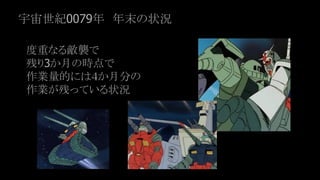 宇宙世紀0079年　年末の状況
度重なる敵襲で
残り3か月の時点で
作業量的には４か月分の
作業が残っている状況
 