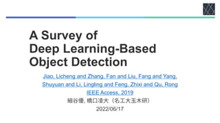A Survey of
Deep Learning-Based
Object Detection
Jiao, Licheng and Zhang, Fan and Liu, Fang and Yang,
Shuyuan and Li, Lingling and Feng, Zhixi and Qu, Rong
IEEE Access, 2019
,
2022/06/17
 