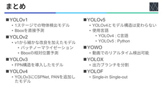 ◼YOLOv1
• 1
• Bbox
◼YOLOv2
• v1
•
• Bbox
◼YOLOv3
• FPN
◼YOLOv4
• YOLOv3 CSPNet, PAN
◼YOLOv5
• YOLOv4
•
• YOLOv4 : C
• YOLOv5 : Python
◼YOWO
•
◼YOLOX
•
◼YOLOF
• Single-in Single-out
 