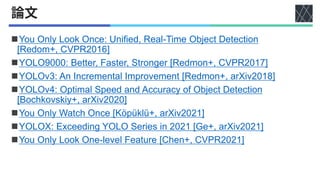 ◼You Only Look Once: Unified, Real-Time Object Detection
[Redom+, CVPR2016]
◼YOLO9000: Better, Faster, Stronger [Redmon+, CVPR2017]
◼YOLOv3: An Incremental Improvement [Redmon+, arXiv2018]
◼YOLOv4: Optimal Speed and Accuracy of Object Detection
[Bochkovskiy+, arXiv2020]​
◼You Only Watch Once [Köpüklü+, arXiv2021]
◼YOLOX: Exceeding YOLO Series in 2021 [Ge+, arXiv2021]
◼You Only Look One-level Feature [Chen+, CVPR2021]
 