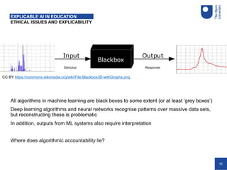 11
ETHICAL ISSUES AND EXPLICABILITY
EXPLICABLE AI IN EDUCATION
All algorithms in machine learning are black boxes to some extent (or at least ‘grey boxes’)
Deep learning algorithms and neural networks recognise patterns over massive data sets,
but reconstructing these is problematic
In addition, outputs from ML systems also require interpretation
Where does algorithmic accountability lie?
CC BY https://commons.wikimedia.org/wiki/File:Blackbox3D-withGraphs.png
 