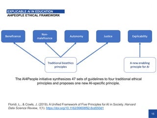 15
AI4PEOPLE ETHICAL FRAMEWORK
Floridi, L., & Cowls, J. (2019). A Unified Framework of Five Principles for AI in Society. Harvard
Data Science Review, 1(1). https://doi.org/10.1162/99608f92.8cd550d1
EXPLICABLE AI IN EDUCATION
The AI4People initiative synthesizes 47 sets of guidelines to four traditional ethical
principles and proposes one new AI-specific principle.
 