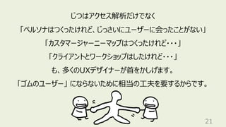 21
じつはアクセス解析だけでなく
「ペルソナはつくったけれど、じっさいにユーザーに会ったことがない」
「カスタマージャーニーマップはつくったけれど・・・」
「クライアントとワークショップはしたけれど・・・」
も、多くのUXデザイナーが⾸をかしげます。
「ゴムのユーザー」 にならないために相当の⼯夫を要するからです。
 