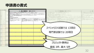 申請書の書式
32
スペシャリスト試験では 13項⽬
専⾨家試験では 20項⽬
プロジェクト事例は
最低 3件、最⼤ 5件
 