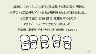 45
ちなみに、この 13 のコンピタンスは資格試験の設⽴当時に
当時のトップUXデザイナーたちが知⾒をもちよってまとめました。
その数年後に 安藤 昌也 先⽣が中⼼となり
アップデートして今のかたちになりました。
その後も時代に合わせ少しずつ改善しています。
 