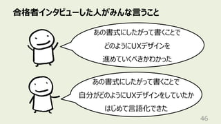 合格者インタビューした⼈がみんな⾔うこと
46
あの書式にしたがって書くことで
どのようにUXデザインを
進めていくべきかわかった
あの書式にしたがって書くことで
⾃分がどのようにUXデザインをしていたか
はじめて⾔語化できた
 