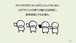 55
さらにそれを⾒てみんながどんどんとりはじめた。
UXデザインの分野では軸となる資格に。
推奨資格にする企業も。
 