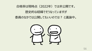 56
合格率は現時点（2022年）では⾮公開です。
歴史的な経緯でそうなっていますが
委員のなかでは公開してもいいのでは︖ と議論中。
 