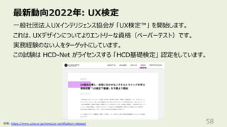 最新動向2022年: UX検定
58
⼀般社団法⼈UXインテリジェンス協会が 「UX検定™」 を開始します。
これは、UXデザインについてよりエントリーな資格（ペーパーテスト）です。
実務経験のない⼈をターゲットにしています。
この試験は HCD-Net がライセンスする 「HCD基礎検定」 認定をしています。
引⽤: https://www.uxia.or.jp/news/ux-certification-release/
 