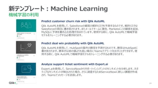 14
14
14
14
14
14
新テンプレート：Machine Learning
機械学習の利用
Predict customer churn risk with Qlik AutoML
Qlik AutoMLを使用して、Salesforceの顧客の解約リスクを予測するものです。解約リスクは
Salesforceの項目に書き戻されます。またメールでチームに警告、Marketoにこの顧客を追加、
MySQLに予測を書き込む処理が含まれています。使用する前に、Qlik AutoMLで機械学習
モデルをトレーニングする必要があります。
Analyze support ticket sentiment with Expert.ai
Expert.aiを使用して、ServiceNowからサポートインシデントのセンチメントを分析します。ネガ
ティブなセンチメントが検出された場合、さらに調査するためServiceNowに新しい課題が作成
され、Teamsでメッセージを送信します。
Predict deal win probability with Qlik AutoML
Qlik AutoMLを使用して、HubSpotの案件の勝率を予測するものです。勝率はHubSpotに
書き戻されます。勝率が以前の値よりも低い場合にTeamsでアラートを出すことができます。使
用する前に、Qlik AutoMLで機械学習モデルをトレーニングする必要があります。
 