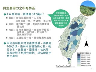 具生產潛力之私有林區
4.6 萬公頃、蓄積量 312萬m3：
 北部：新竹縣五峰鄉、尖石鄉
苗栗縣南庄鄉、大湖鄉、泰安鄉
 中部：南投縣竹山鎮、鹿谷鄉及埔里鎮、
國姓鄉
 南部：臺南市龍崎區、高雄市甲仙區、
六龜區、內門區、杉林區及
屏東縣獅子鄉
 東部：花蓮縣秀林鄉、萬榮鄉及卓溪鄉
平地造林具木材生產價值者，面積約
700公頃。造林木樹種為烏心石、桃
花心木、光臘樹、臺灣櫸、杜英等，
並將針對不利耕作農地，評估營造木
材生產林
排除保護區及
環境敏感區、坡度
大於35度林地、溪流
兩岸50公尺以內應
避免擾動之林地
等區域
21
 