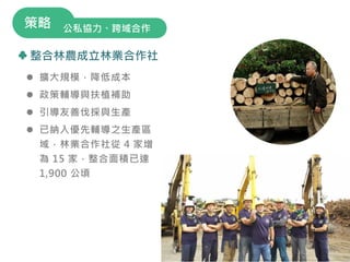 整合林農成立林業合作社
 擴大規模，降低成本
 政策輔導與扶植補助
 引導友善伐採與生產
 已納入優先輔導之生產區
域，林業合作社從 4 家增
為 15 家，整合面積已達
1,900 公頃
公私協力、跨域合作
策略
28
 
