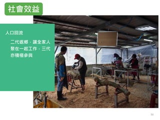 二代返鄉，讓全家人
聚在一起工作，三代
亦積極參與
社會效益
人口回流
50
 