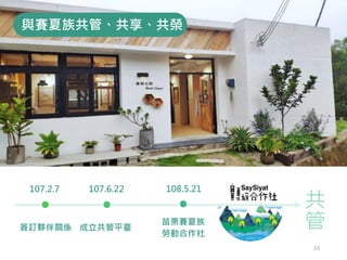 與賽夏族共管、共享、共榮
苗栗賽夏族
勞動合作社
簽訂夥伴關係 成立共管平臺
107.2.7 107.6.22 108.5.21
53
共
管
 