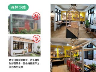 將昔日管制站廳舍，活化轉型
為部落聚會、里山特產展示之
多元利用空間
森林小站
64
 