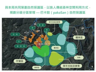 狩獵區
青年技能訓練場
藥草區
醫病區
豆、高
日
潘、根、章
潘
章、夏
高
青年技能訓練場
糧食區
漁場
與本局共同策劃自然保護區，以族人傳統森林空間利用方式，
規劃分級分區管理 — 巴卡散（pakaSan）自然保護區
68
 
