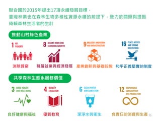 聯合國於2015年提出17項永續發展目標，
臺灣林業也在森林生物多樣性資源永續的前提下，致力於關照與提振
倚賴森林生活者的生計
70
推動山村綠色產業
共享森林生態系服務價值
消除貧窮 尊嚴就業與經濟發展 產業創新與基礎設施 和平正義堅實的制度
良好健康與福祉 優質教育 潔淨水與衛生 負責任的消費與生產
 