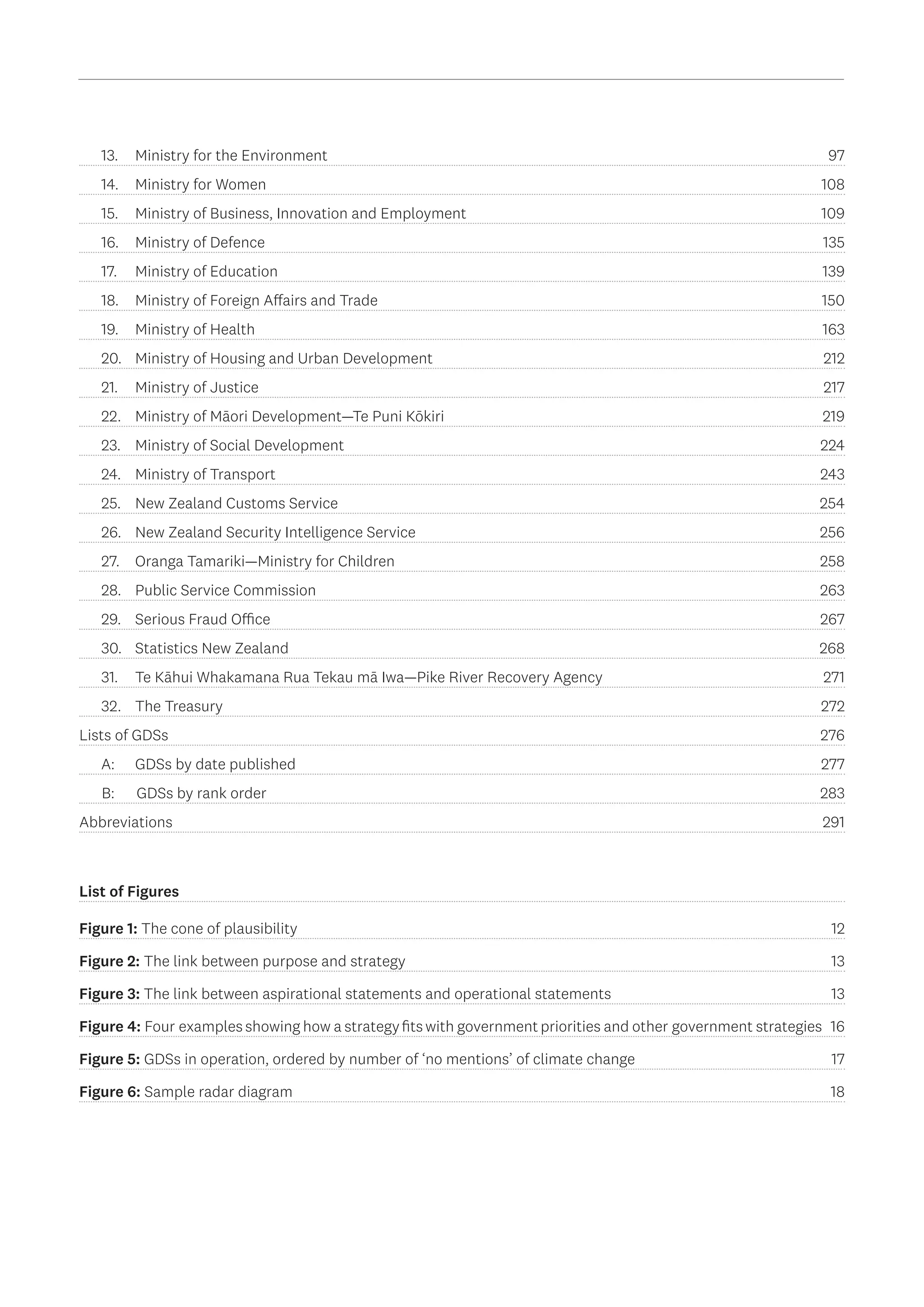 13.	 Ministry for the Environment 97
14.	 Ministry for Women 108
15.	 Ministry of Business, Innovation and Employment 109
16.	 Ministry of Defence 135
17.	 Ministry of Education 139
18.	 Ministry of Foreign Affairs and Trade 150
19.	 Ministry of Health 163
20.	 Ministry of Housing and Urban Development 212
21.	 Ministry of Justice 217
22.	 Ministry of Māori Development—Te Puni Kōkiri 219
23.	 Ministry of Social Development 224
24.	 Ministry of Transport 243
25.	 New Zealand Customs Service 254
26.	 New Zealand Security Intelligence Service 256
27.	 Oranga Tamariki—Ministry for Children 258
28.	 Public Service Commission 263
29.	 Serious Fraud Office 267
30.	 Statistics New Zealand 268
31.	 Te Kāhui Whakamana Rua Tekau mā Iwa—Pike River Recovery Agency 271
32.	 The Treasury 272
Lists of GDSs 276
A:	 GDSs by date published 277
	 B: GDSs by rank order 283
Abbreviations291
List of Figures
Figure 1: The cone of plausibility	 12
Figure 2: The link between purpose and strategy 13
Figure 3: The link between aspirational statements and operational statements 13
Figure 4: Four examples showing how a strategyfits with government priorities and other government strategies 16
Figure 5: GDSs in operation, ordered by number of ‘no mentions’ of climate change 17
Figure 6: Sample radar diagram 18
 
