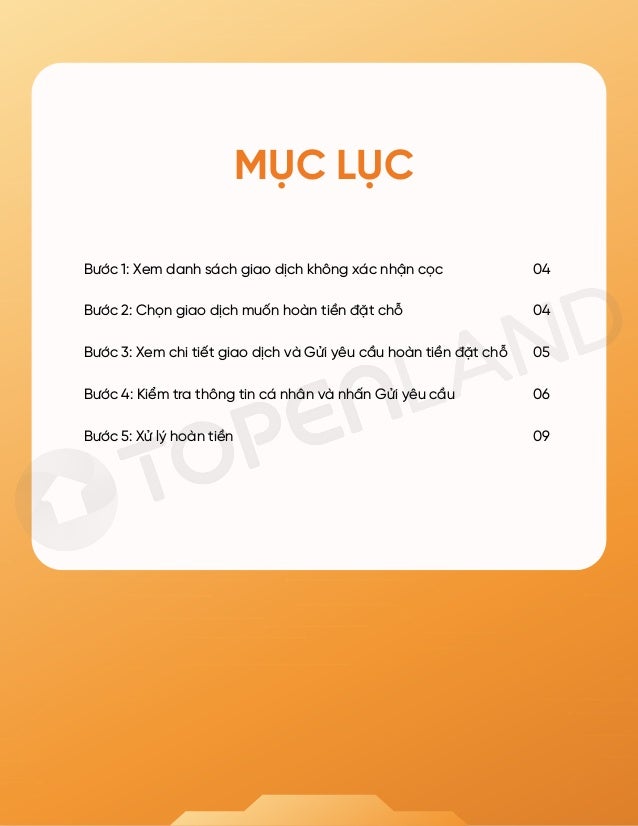 MỤC LỤC
Bước 1: Xem danh sách giao dịch không xác nhận cọc 04
Bước 2: Chọn giao dịch muốn hoàn tiền ặt chỗ 04
Bước 3: Xem ...