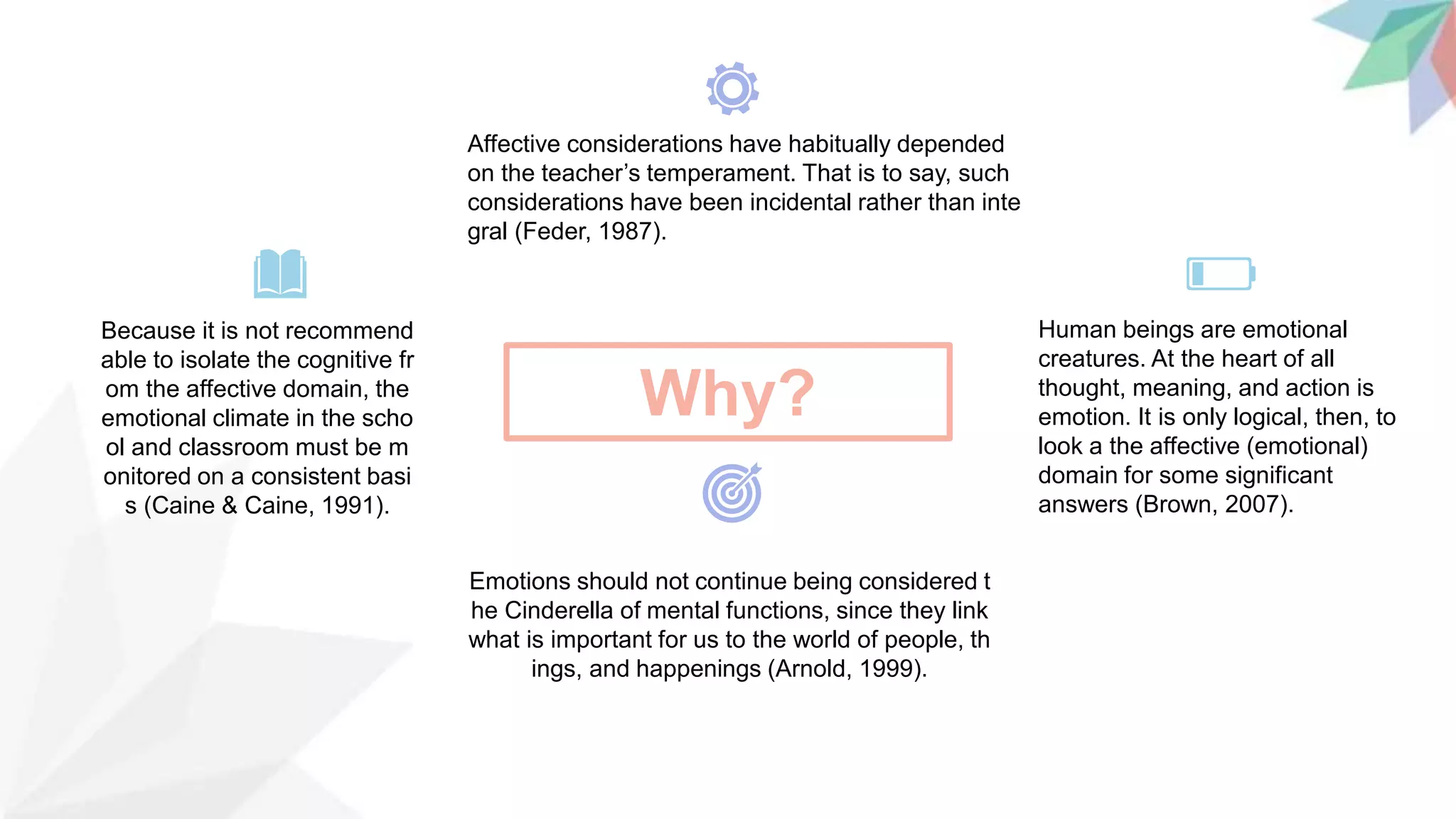 Why?
Because it is not recommend
able to isolate the cognitive fr
om the affective domain, the
emotional climate in the scho
ol and classroom must be m
onitored on a consistent basi
s (Caine & Caine, 1991).
Emotions should not continue being considered t
he Cinderella of mental functions, since they link
what is important for us to the world of people, th
ings, and happenings (Arnold, 1999).
Affective considerations have habitually depended
on the teacher’s temperament. That is to say, such
considerations have been incidental rather than inte
gral (Feder, 1987).
Human beings are emotional
creatures. At the heart of all
thought, meaning, and action is
emotion. It is only logical, then, to
look a the affective (emotional)
domain for some significant
answers (Brown, 2007).
 