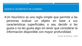 MODELO HEURÍSTICO DE CHAIKEN
 Un heurístico es una regla simple que permite a las
personas evaluar un objeto en base a sus
características superficiales, o sea, decidir si les
gusta o no les gusta algo sin tener que considerar la
información disponible con mayor profundidad.
Smith & Mackie, 1995
 