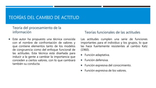 TEORÍAS DEL CAMBIO DE ACTITUD
Teoría del procesamiento de la
información
 Este autor ha propuesto una técnica conocida
con el nombre de confrontación de valores y
que contiene elementos tanto de los modelos
de congruencia como del enfoque funcional de
las actitudes. Esta técnica está diseñada para
inducir a la gente a cambiar la importancia que
conceden a ciertos valores, con lo que cambiará
también su conducta.
Teorías funcionales de las actitudes
Las actitudes cumplen una serie de funciones
importantes para el individuo y los grupos, lo que
las hace fuertemente resistentes al cambio Katz
(1960).
 Función adaptativa.
 Función defensiva.
 Función expresiva del conocimiento.
 Función expresiva de los valores.
 