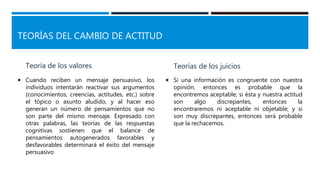 TEORÍAS DEL CAMBIO DE ACTITUD
Teoría de los valores
 Cuando reciben un mensaje persuasivo, los
individuos intentarán reactivar sus argumentos
(conocimientos, creencias, actitudes, etc.) sobre
el tópico o asunto aludido, y al hacer eso
generan un número de pensamientos que no
son parte del mismo mensaje. Expresado con
otras palabras, las teorías de las respuestas
cognitivas sostienen que el balance de
pensamientos autogenerados favorables y
desfavorables determinará el éxito del mensaje
persuasivo
Teorías de los juicios
 Si una información es congruente con nuestra
opinión, entonces es probable que la
encontremos aceptable; si ésta y nuestra actitud
son algo discrepantes, entonces la
encontraremos ni aceptable ni objetable; y si
son muy discrepantes, entonces será probable
que la rechacemos.
 