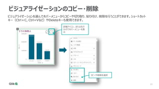 23
23
ビジュアライゼーションのコピー・削除
詳細アイコン、または右ク
リックでホバーメニューを表
示
コピーや削除を選択
ビジュアライゼーションを選んでホバーメニューからコピーや切り取り、貼り付け、削除を行うことができます。ショートカット
キー（Ctrl＋C, Ctrl+Vなど）やDeleteキーも使用できます。
 