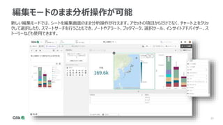 25
25
編集モードのまま分析操作が可能
新しい編集モードでは、シートを編集画面のまま分析操作が行えます。アセットの項目からだけでなく、チャート上をクリッ
クして選択したり、スマートサーチを行うこともでき、ノートやアラート、ブックマーク、選択ツール、インサイトアドバイザー、ス
トーリーなども使用できます。
 