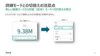 26
26
26
26
26
26
詳細モードとの切替えの注意点
新しい編集モードから詳細（従来）モードへ切り替える場合
ビジュアライゼーションに適用したフィルタは数式に反映されません。
新しい編集モード
詳細モード
 