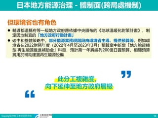 Copyright ITRI 工業技術研究院
此分工複雜度，
向下延伸至地方政府層級
14
日本地方能源治理－體制面(跨局處機制)
但環境省也有角色
 輔導都道縣府等一級地方政府應依據中央頒布的《地球溫暖化對策計畫》，制
定因地制宜的「地方政府行動計畫」
 碳中和整體策略中，部分能源業務現階段由環境省主導、提供預算等，例如環
境省在2022財務年度（2022年4月至2023年3月）預算案中新增「地方脫碳轉
型‧再生能源推進補助金」科目，預計第一年將編列200億日圓預算，相關預算
將用於補助建置再生能源設備
 