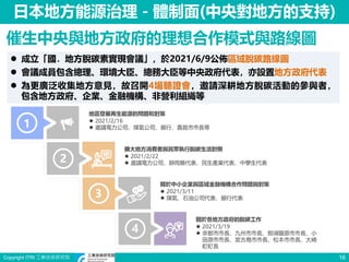 Copyright ITRI 工業技術研究院 16
催生中央與地方政府的理想合作模式與路線圖
 成立「國．地方脫碳素實現會議」，於2021/6/9公佈區域脫碳路線圖
 會議成員包含總理、環境大臣、總務大臣等中央政府代表，亦設置地方政府代表
 為更廣泛收集地方意見，故召開4場聽證會，邀請深耕地方脫碳活動的參與者，
包含地方政府、企業、金融機構、非營利組織等
日本地方能源治理－體制面(中央對地方的支持)
 